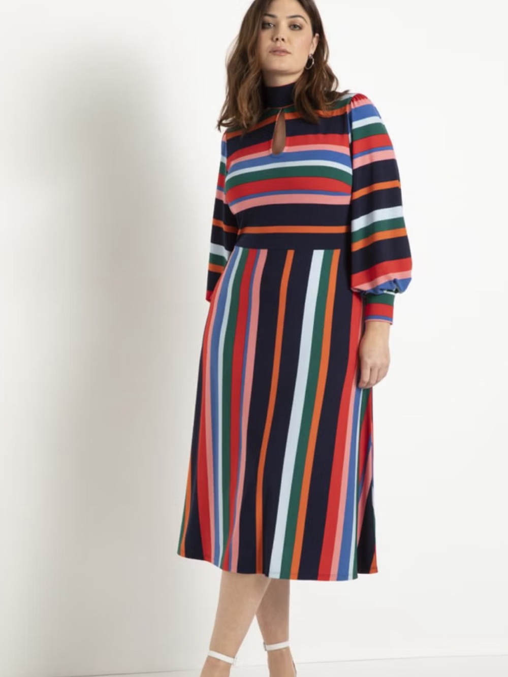 Eloquii Striped Midi Dress Long Sleeve Tie Neck Colorful Flowy